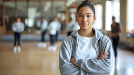 Fototapeta premium A confident young dancer stands with crossed arms in a studio, a group practicing in the background.