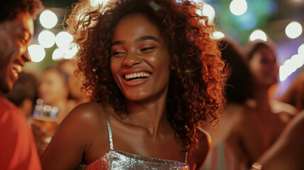Obraz na płótnie Canvas A joyous woman with curly hair, laughing heartily, surrounded by friends in a festive atmosphere with bokeh lights at a night party.