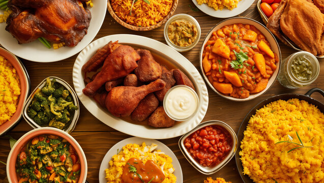 A mouthwatering picture of a table filled with classic soul food dishes, celebrating Afro-American culinary heritage