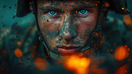 Soldier. The dirty face of a soldier at war
