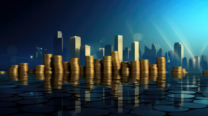 Financial Elevation: Abstract business background with coin stacks resembling towering office buildings. Symbolizing success, growth, and modern corporate architecture