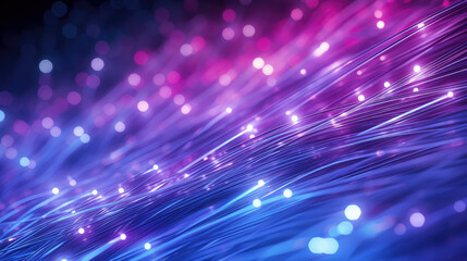 Obraz premium Energy and communication themed background. Futuristic data flow: Glowing fibre optics cables create a vibrant network, symbolising innovation, connectivity, and high-speed communication.