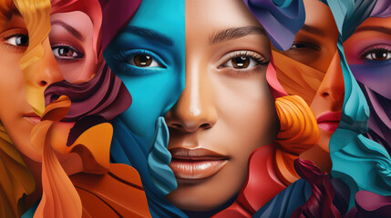 Obraz premium Abstract composition showcasing diverse faces in a vibrant display of unity and individuality. A visual celebration of multiculturalism and equality in the modern world