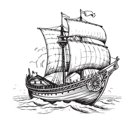 Drakkar floating on the sea waves. Hand drawn design element sailing ship. Vintage vector engraving illustration for poster, label, postmark with sailboat.
