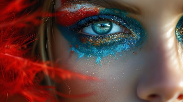 Beautiful woman at the carnival. A woman's eye is painted in brilliant colors close up