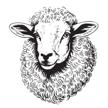 Realistic hand drawing of ewe head, sheep breeding concept, milk meat and wool production symbol