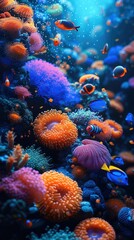 The fish are colorful and coral reefs, dark navy and light magenta, tranquil garden scapes, patterns, colorful animations. Generative AI.