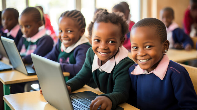 African school children embrace technology in a local classroom, showcasing diversity and collaboration, This image captures the importance of modern and traditional learning