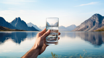 a man holds his hand with a glass of clean water against the background of mountains
