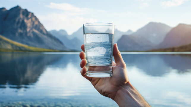 a hand with a glass of clear water on the background of mountains