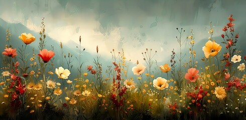 Obraz na płótnie Canvas A Tapestry of Wildflowers Against a Misty Sky 