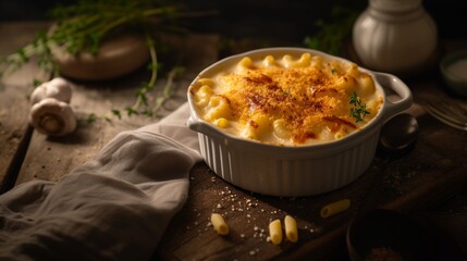 Homestyle Baked Macaroni and Cheese in Ceramic Dish