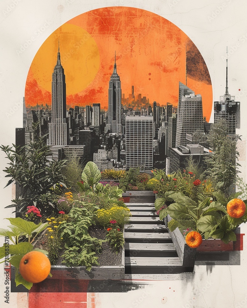 Wall mural urban rooftop garden & city skyline collage