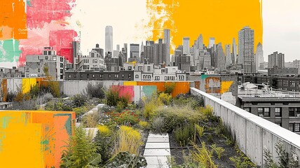 Urban Rooftop Garden & City Skyline Collage

