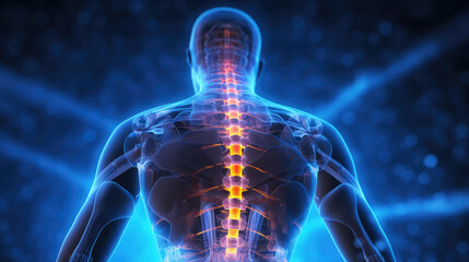 Back Pain: Glowing illustration of the human spine and pain radiating from the discs through nerve endings. Merging technology and anatomy for a futuristic healthcare concept. - obrazy, fototapety, plakaty