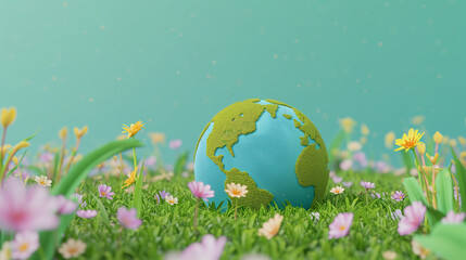 concept of environmental consciousness, featuring a globe nestled among vibrant flowers and lush green grass, symbolizing the earth's natural beauty and the importance of preserving it