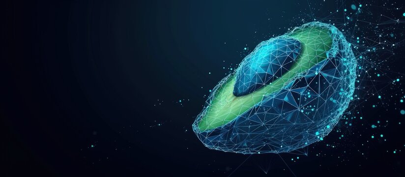 Low poly avocado fruit with polygonal wireframe concept on blue background. AI generated image