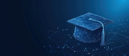 Glowing graduation cap polygonal low poly illustration on dark background. AI generated image