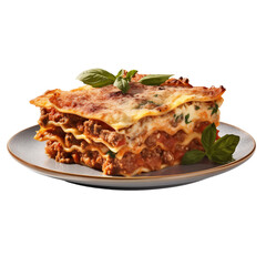 italian lasagna on rustic plate transparent isolated background, PNG file