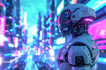 Cyborg, Robot, Android, Sci-fi, Future scenario, Futuristic, AI, Artificial intelligence. ROBOT LIFE. Science fiction illustration with automaton in transparent helmet. 