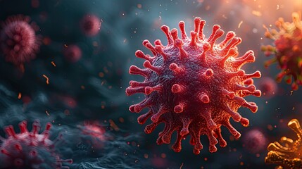 green, red and blue coronavirus surrounded by red fluorescent dots, in the style of dark azure and gold,