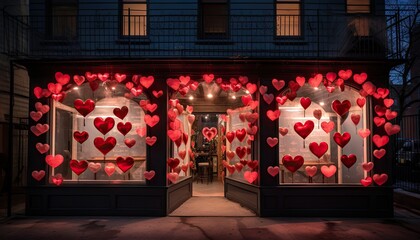 Storefront Covered in Red Hearts