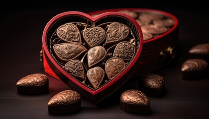 Naklejka premium Heart Shaped Box Filled With Chocolates on Table