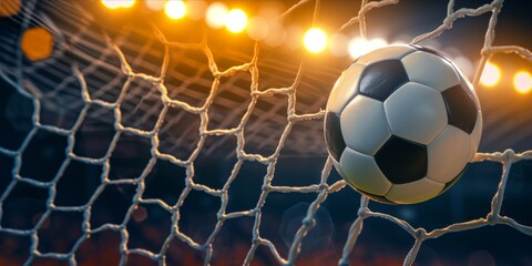 Fototapeta premium Soccer ball hitting the back of the net with stadium lights in the background.