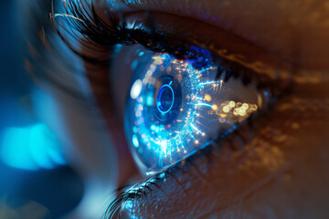 A woman's eye with a hologram, lenses of the future, a very close view, scan eye
