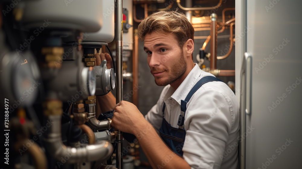 Poster Professional plumber checking a boiler and pipes. Generative AI.