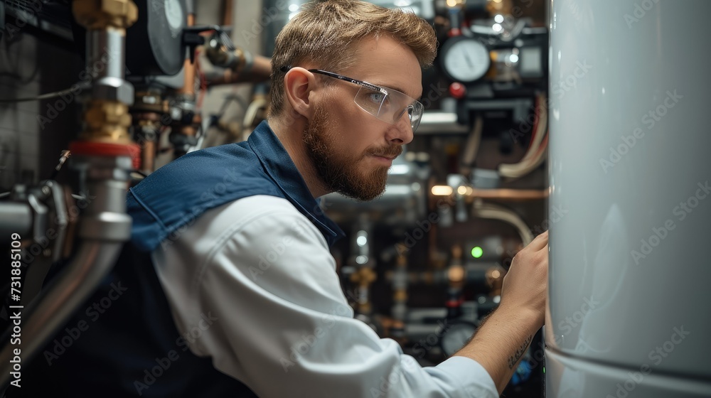 Poster Professional plumber checking a boiler and pipes. Generative AI.