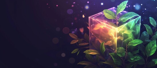 Futuristic digital open box and green leaves in wirefraame holographic colorful style. AI generated