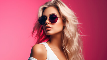 Fototapeta premium Holiday fashion: A chic woman embraces summer sunglasses sophistication with grace and allure, embodying high fashion on the city streets. A captivating blend of style and confidence