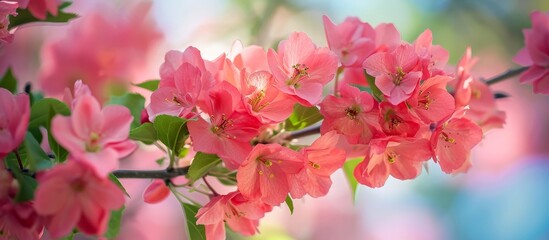 A stunning close-up capturing the beauty of pink blossoms on a flowering plant branch, adding a delightful touch of magenta to the tree.