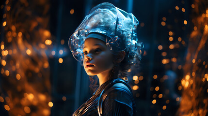 Vision of the Future: Child Cyborg

A cinematic portrait of a child cyborg, beautifully blending innocence with advanced technology, suitable for futuristic and speculative narratives.