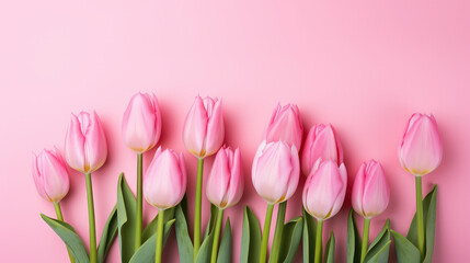 Elegant pink tulips exude freshness against a vivid backdrop. Ideal for adding a touch of romance and the beauty of nature to your design projects