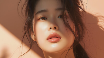 Minimalist portrait, beautiful asian woman with natural makeup in sunlight with shadows on face. Skincare and cosmetic model