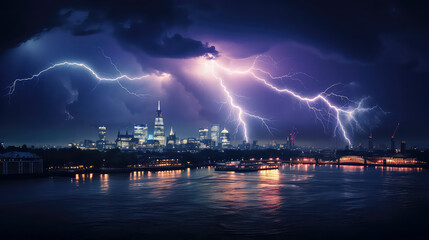 Naklejka na ściany i meble Powerful City Thunderstorm: Amidst the dark night, lightning strikes over the metropolitan skyline, creating a dynamic urban landscape filled with electric energy and atmospheric drama