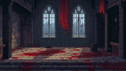 pixel art of bloody dungeon background battle scene in RPG old school retro 16 bits, 32 bits game style