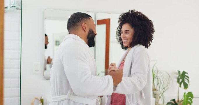 Happy couple, dancing and bathroom in morning routine, support or love together at home. Man and woman with smile enjoying fun day, bonding or grooming for hygiene, start or getting ready at house