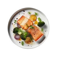 grilled salmon dinner with vegetables on plate on transparent isolated background, PNG file