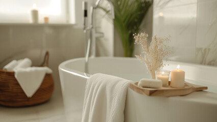 Bathroom, bathtub shower with candle and floral decoration. Cozy and minimal design interior