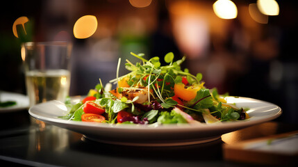 Heathy salad dinner: A colourful plate of organic goodness in a stylish restaurant setting, capturing the essence of health and culinary sophistication