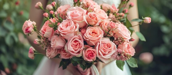 Fototapeta premium A bride, adorned in a white dress, gracefully holds a beautiful bouquet of pink roses, a lovely flower from the rose family.
