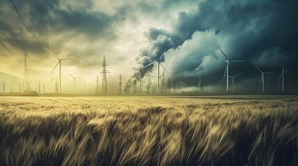 Panoramic view of wind farm or wind park, with high wind turbines for generation electricity with copy space. Green energy concept.