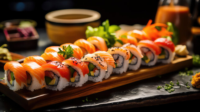 Traditional sushi: Capturing the essence of Japanese gastronomy, this image features beautifully presented sushi, showcasing the artistry of culinary craftsmanship in fine dining.