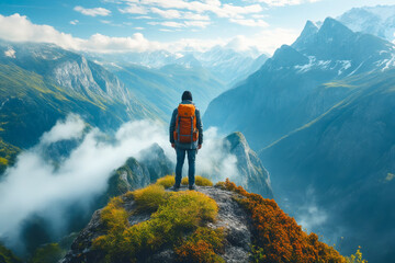 Man wearing backpack stands on top of mountain looking down at the valley below.