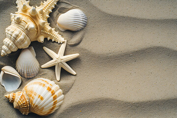 Fototapeta na wymiar Top view of beach sand with shell and starfish