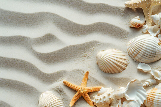Top view of beach sand with shell and starfish