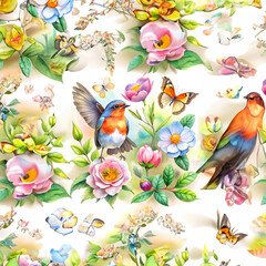 Robin's bird, butterflies, branches and leaves in vintage watercolor style.